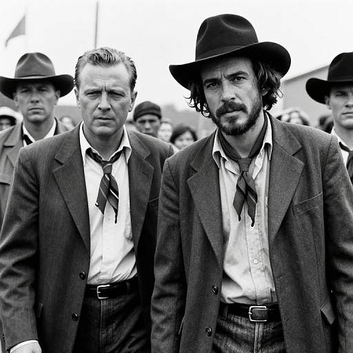 Black-and-white photograph of two rugged men in 19th-century attire, wearing hats and suits, marching in a crowd. Foreground man has curly