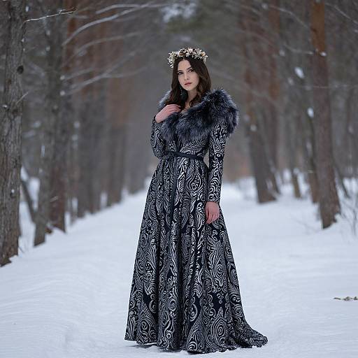Photograph of a dark-haired woman in an ornate black and white patterned gown with a fur-trimmed jacket, wearing a floral crown,