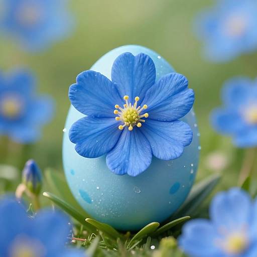 Photograph of a blue egg with dew drops, adorned with a vibrant blue flower, surrounded by blurred blue flowers in a green meadow.