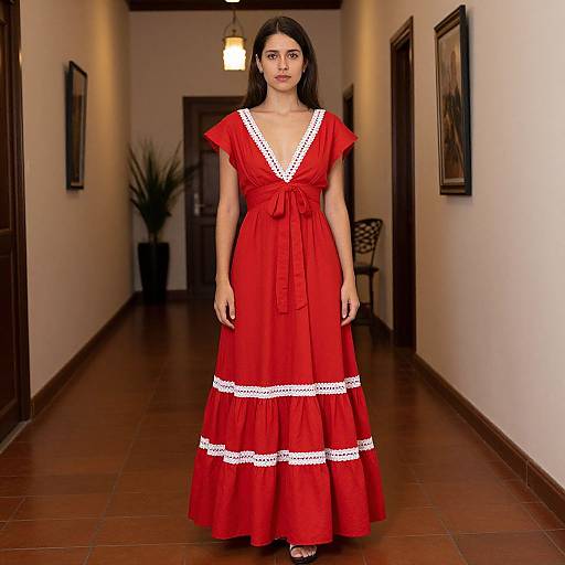 Photograph of a young woman with long black hair in a red, V-neck, knee-length dress with white lace trim, standing in a tiled hallway