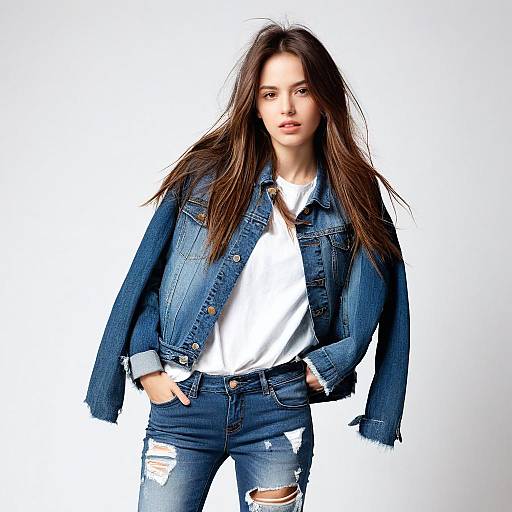 Young woman in denim jacket and ripped jeans