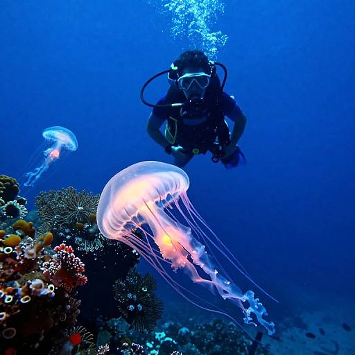 Diver Among Luminous Jellyfish