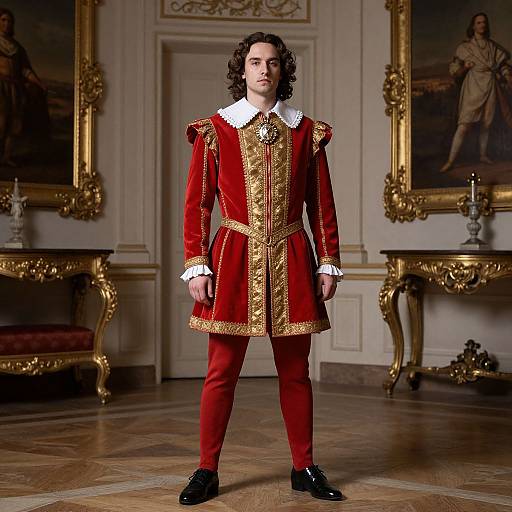 Photograph of a young man with curly hair, standing in an opulent room, wearing a red and gold Renaissance-style court jester outfit with white