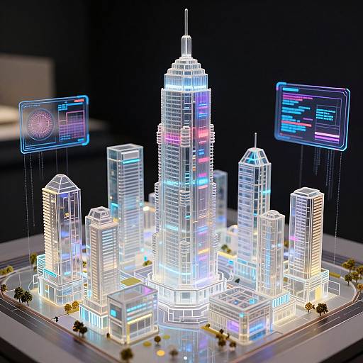 Photograph of a glowing, LED-lit cityscape model with neon blue, pink, and white lights, featuring futuristic skyscrapers and digital screens