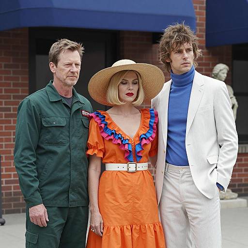 Stylish Duo Outside a Brick Building