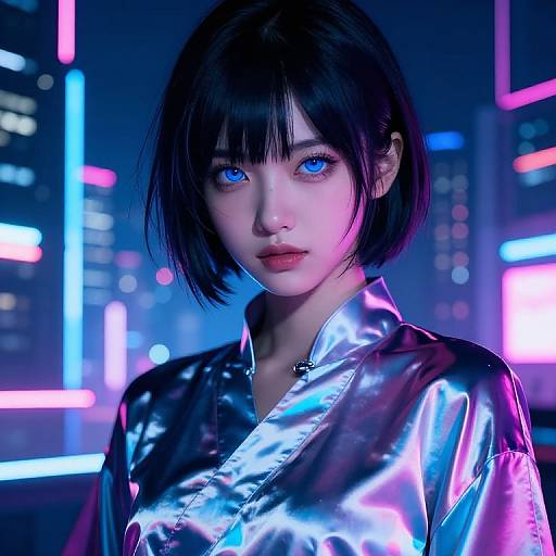 Digital illustration of an anime-style woman with blue eyes, black bob haircut, and shiny silver blouse, set against a neon-lit cityscape background.