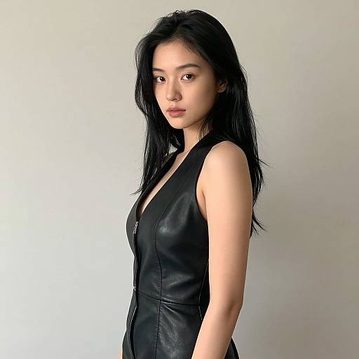 Photograph of an Asian woman with long black hair, wearing a sleeveless black leather dress, standing against a plain white background, looking slightly to the