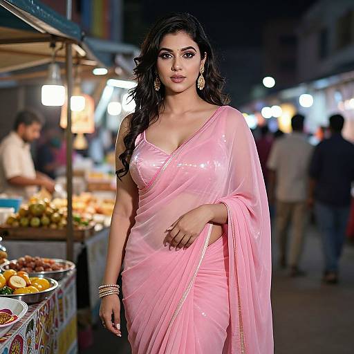 Photograph of a beautiful Indian woman with long dark hair, wearing a pink saree, standing at a night market stall, surrounded by bright lights and