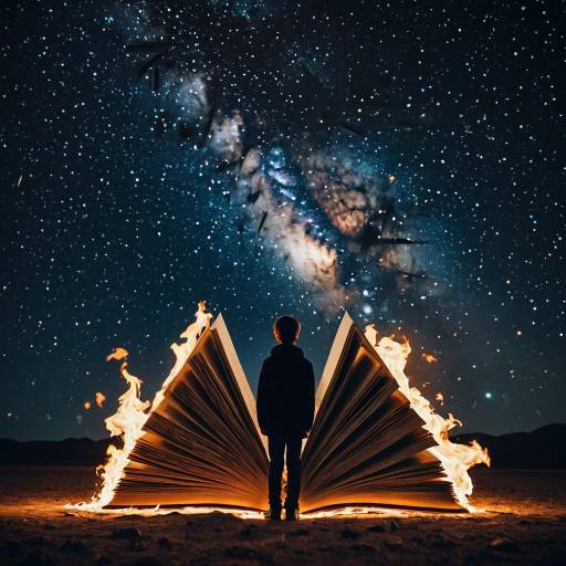 Boy with Giant Burning Book under Starry Sky