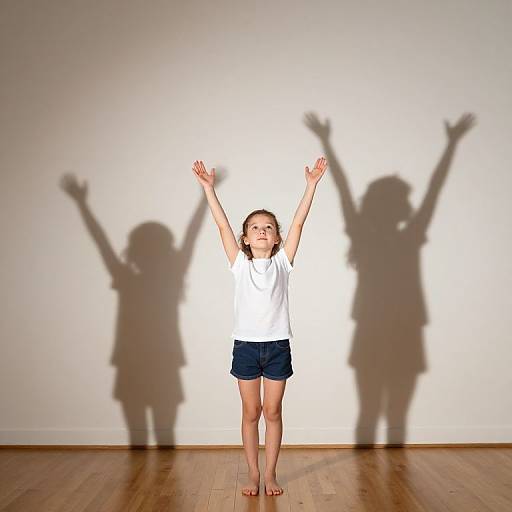 Photograph of a young girl in a white shirt and navy shorts standing with arms raised, casting shadow duplicates of herself on a white wall against wooden flooring