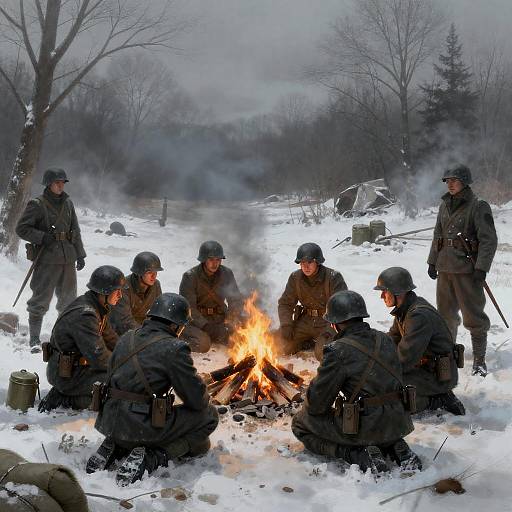 Winter Resilience: Soldiers at Campfire