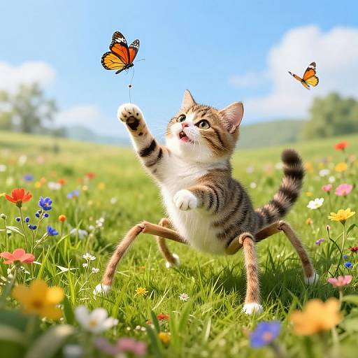 Photograph of a playful tabby kitten with striped fur and white chest, chasing two orange butterflies in a vibrant, sunny meadow filled with colorful wild