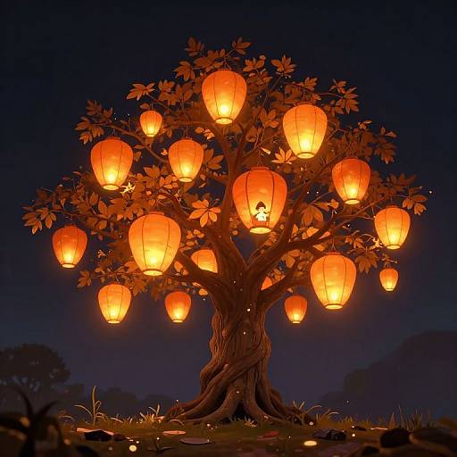 Photograph of a glowing orange paper lantern tree at night, with illuminated lanterns hanging from its branches, set against a dark blue sky.
