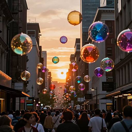 Sunset City Street with Floating Lights