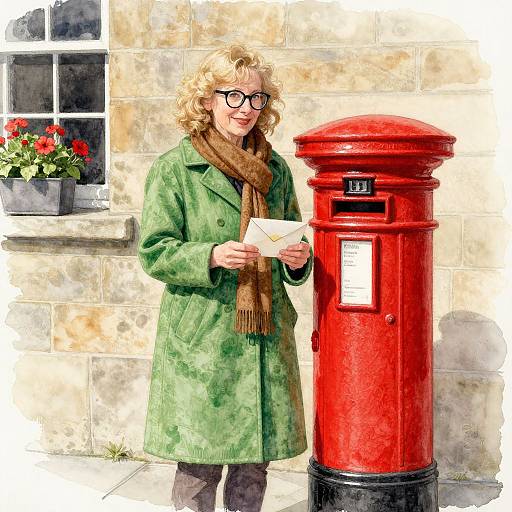 Digital painting of a smiling blonde woman in green coat and brown scarf, holding letter, standing beside red British postbox.
