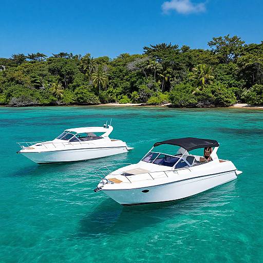 Two White Motorboats on Turquoise Water Near Rainforest