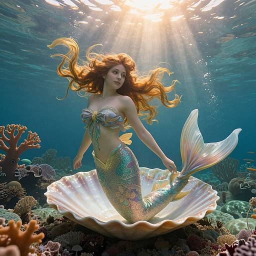 Photorealistic digital artwork of a radiant mermaid with flowing red hair and iridescent scales, swimming through a sunlit underwater coral reef.