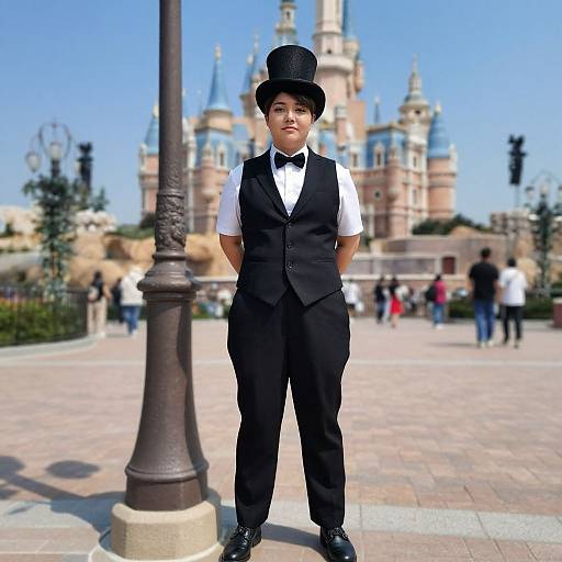 Young boy in black vest, bow tie, white shirt, and top hat stands confidently in front of Disney castle on sunny day.