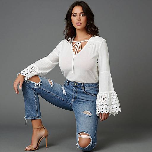 Photograph of a confident woman with dark hair, wearing a white lace-trimmed blouse, distressed blue jeans, and beige high heels, posed with