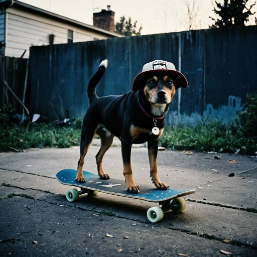 Dog on Skateboard Wearing Hat