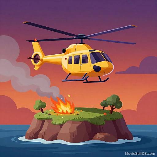 Yellow Helicopter Over Burning Rocky Island