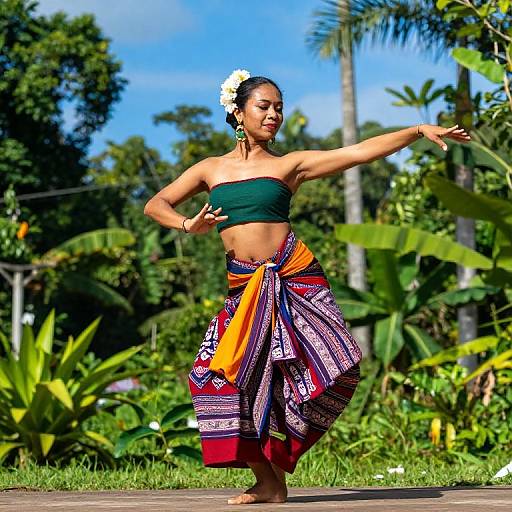 Photograph of a smiling Black woman dancing outdoors, wearing a green tube top and colorful, patterned skirt, with a white flower in her hair,