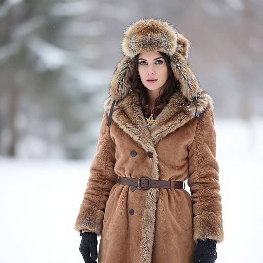 Photograph of a woman in a brown fur-lined winter coat with a hood, black gloves, and fur-trimmed hat, standing in a snowy