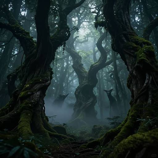 Mysterious, misty forest scene with twisted, moss-covered trees framing a central, gnarled tree. Dark, shadowy deer silhouette in background