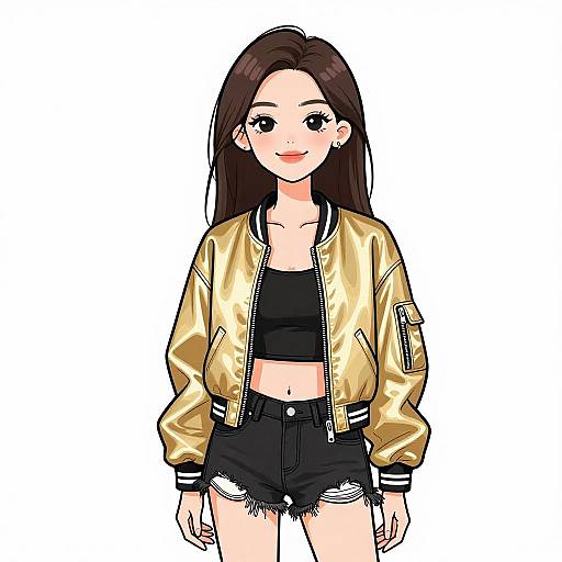 Digital anime-style drawing of a smiling young woman with long brown hair, wearing a gold jacket, black crop top, and distressed black shorts.