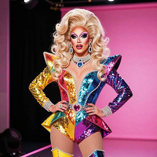 Photograph of a blonde drag queen with voluminous curls, wearing a rainbow sequin leotard, fishnet stockings, and bold makeup, striking