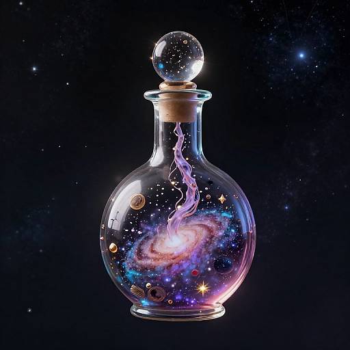 Photograph-like digital artwork of a glass vial filled with a swirling galaxy, stars, and a glowing sphere, set against a starry night sky