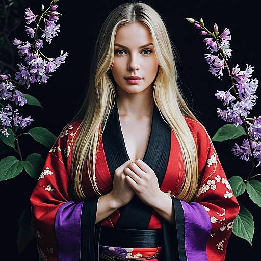 Fantasy Blonde Girl in Red Kimono