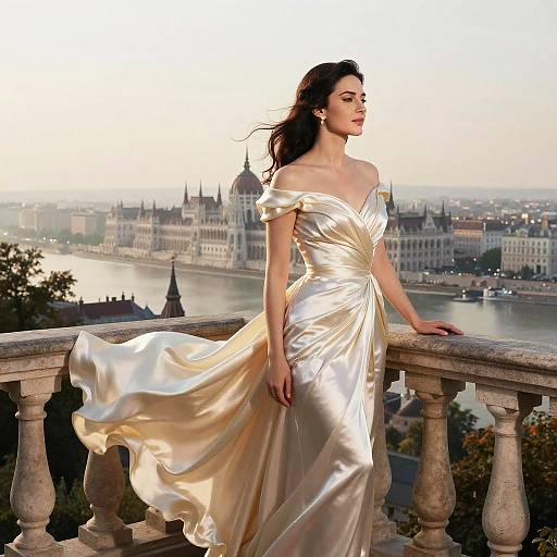 Elegant woman in off-shoulder, satin, gold gown stands on balcony overlooking a riverside cityscape at sunset, wind gently blowing her dark