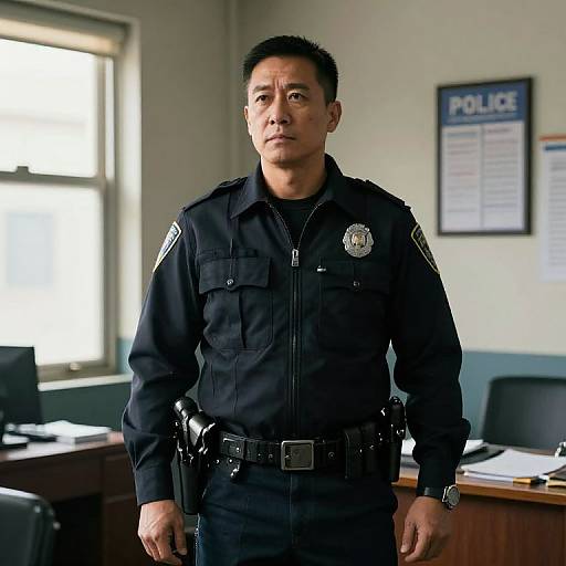 Photograph of an Asian male police officer in black uniform, badge visible, standing in office with window and 