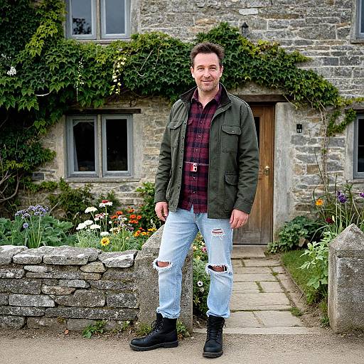Photograph of a smiling man with short dark hair, wearing a green jacket, maroon plaid shirt, light blue ripped jeans, and black boots