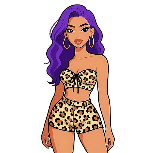 Digital illustration of a confident woman with vibrant purple hair, wearing a leopard-print strapless top and high-waisted shorts, large hoop earrings, and