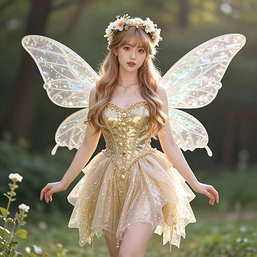 Photorealistic CGI of a fairy with golden dress, sparkling wings, flower crown, and long blonde hair, in a sunlit forest.