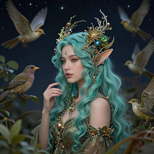 Digital fantasy artwork of an elf woman with turquoise hair, pointed ears, ornate golden headpiece, surrounded by flying birds, under a starry night