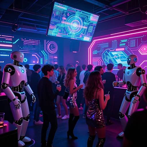 Neon-lit nightclub scene with two white robot dancers, crowd of people, and futuristic LED screens displaying circuit patterns. Vibrant blue, pink,
