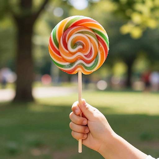 Photograph of a hand holding a colorful, swirled lollipop with red, orange, yellow, and green layers in a sunlit park.