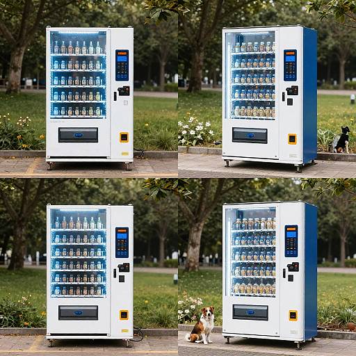Photograph of two identical white vending machines with blue water bottles, set in a park; one machine on the left, one on the right; a