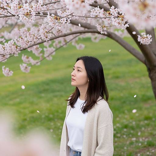 Photograph of an East Asian woman with straight black hair, wearing a white shirt and beige cardigan, standing under blooming cherry blossoms, green