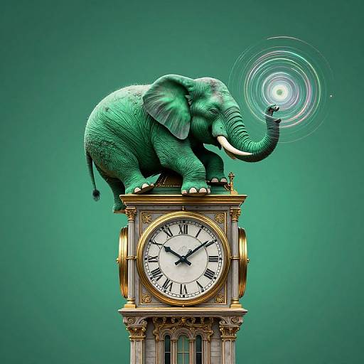 Photograph of a green, magical elephant with a glowing orb in its trunk, standing atop a golden clock tower against a teal background.