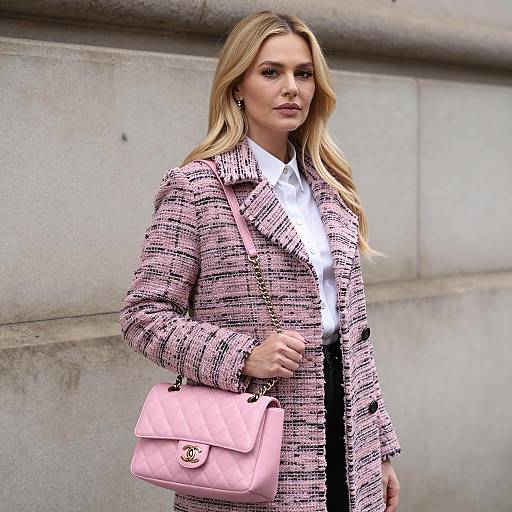 Blonde Woman in Pink Tweed Coat with Quilted Handbag