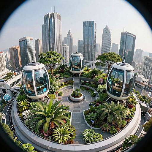 Photorealistic CGI of three futuristic, white, dome-shaped sky pods surrounded by lush greenery in a modern, high-rise cityscape.