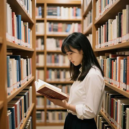 Asian woman with black hair, white blouse, and black skirt, reads a book in a wooden library aisle with colorful bookshelves.