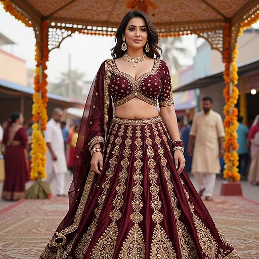 Photograph of a confident Indian woman in a maroon and gold traditional lehenga set, with a matching dupatta, standing under a decorated canopy,