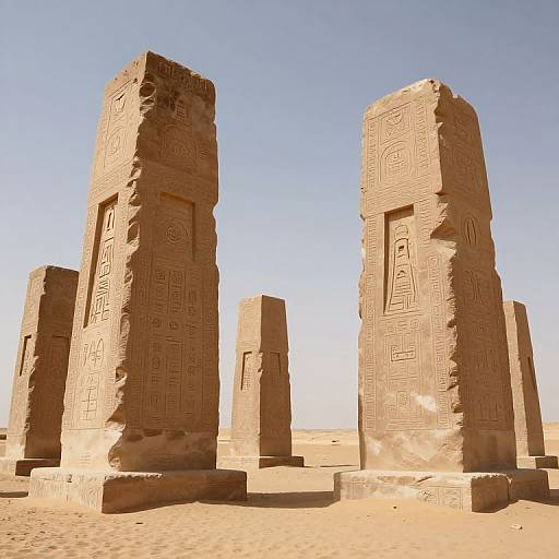 Photograph of ancient Egyptian sandstone obelisks with hieroglyphics standing in a sunny, desert landscape under a clear blue sky.