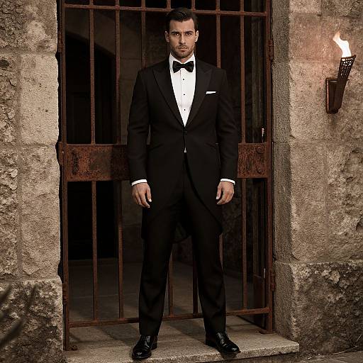 Photograph of a handsome man in a black tuxedo with a bow tie, standing in a rustic stone doorway with a lit candle to the right