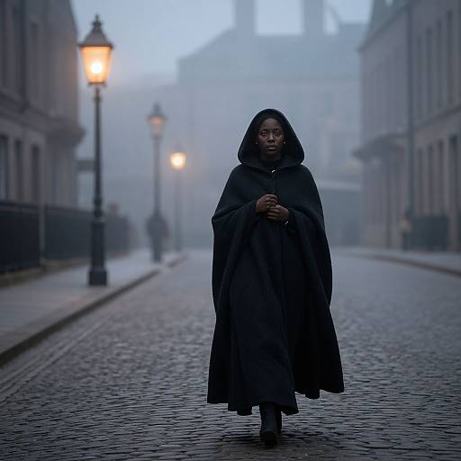 Photograph of a woman in a black hooded cloak standing on a foggy, cobblestone street at dusk, with glowing street lamps in the